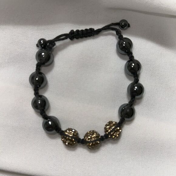 Beaded Black Steel Champagne Cz Center Jewels Braided Jute Bracelet - Picture 1 of 5